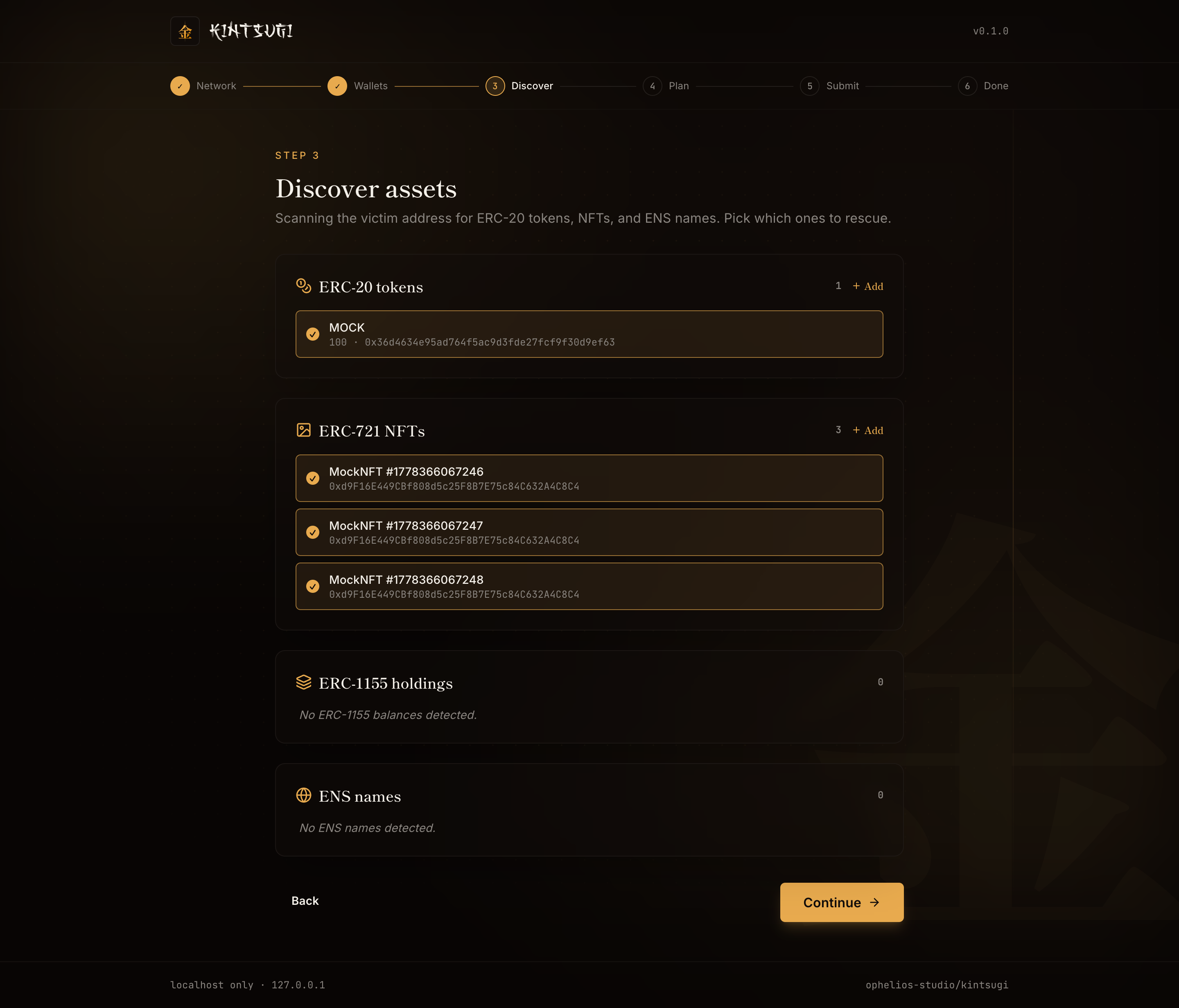 Discover step of the Kintsugi web UI showing 1 ERC-20 token and 3 NFTs