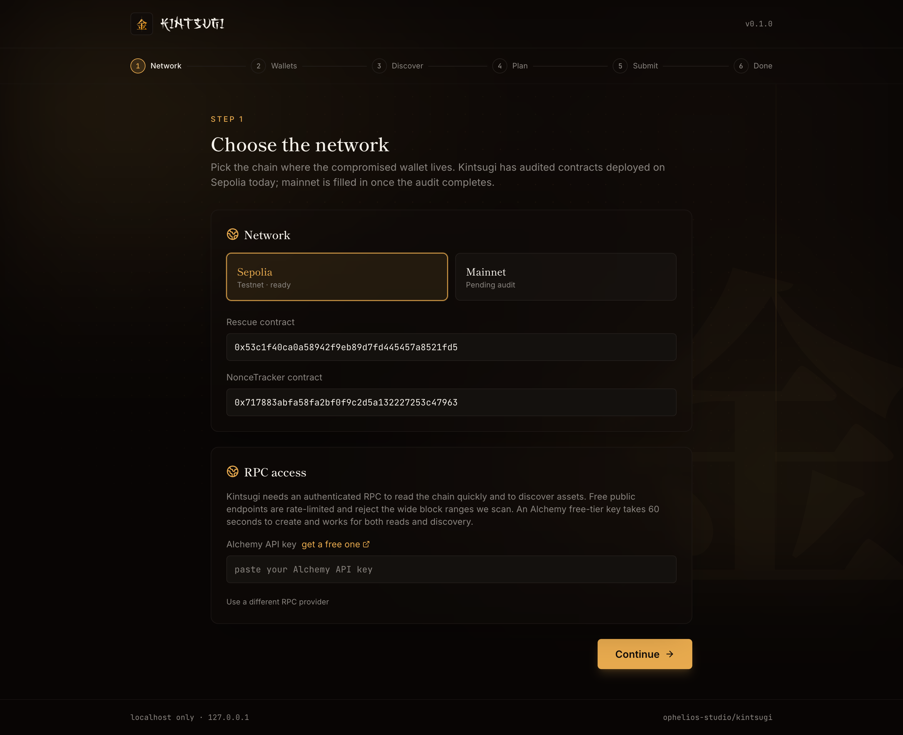 Network step of the Kintsugi web UI