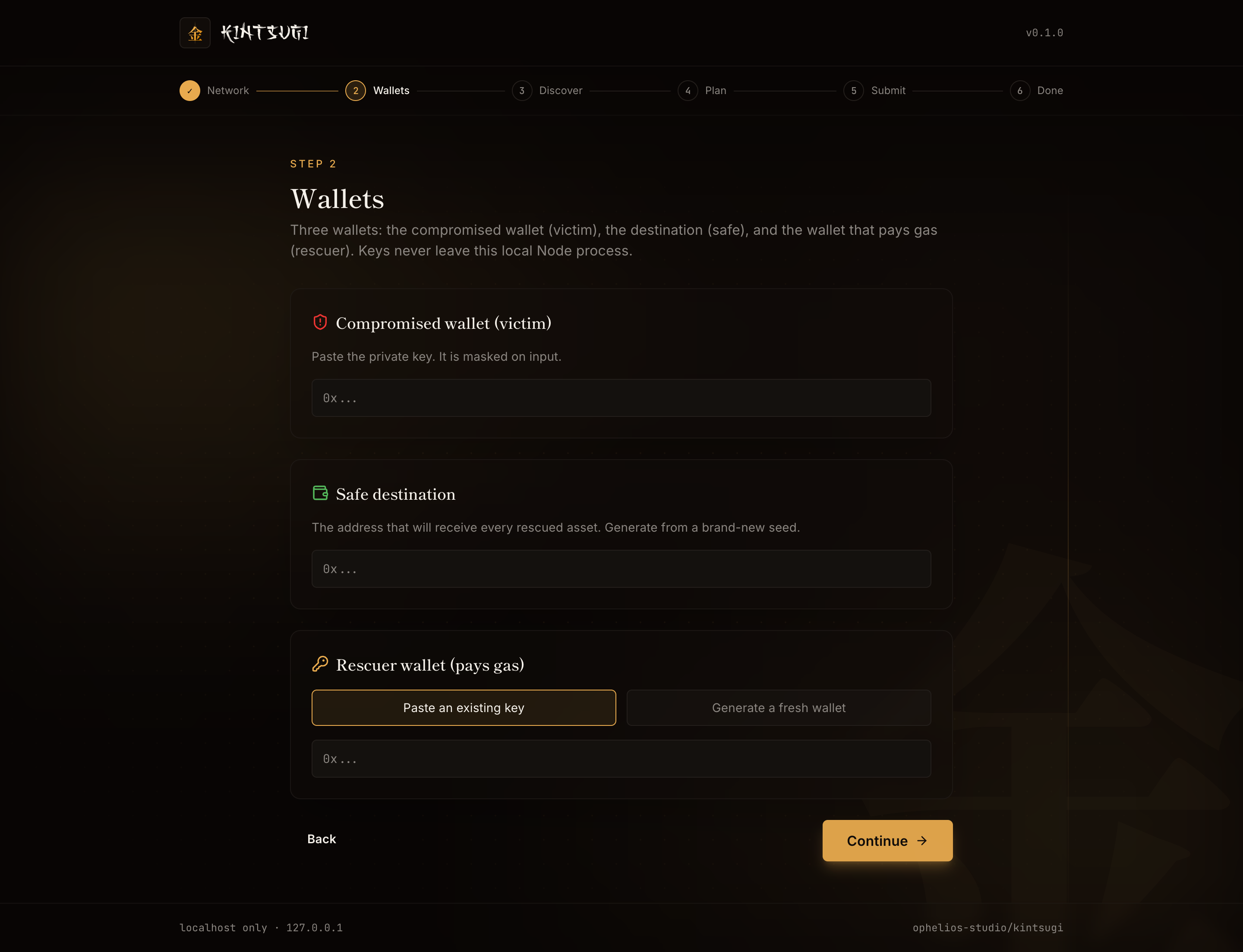 Wallets step of the Kintsugi web UI